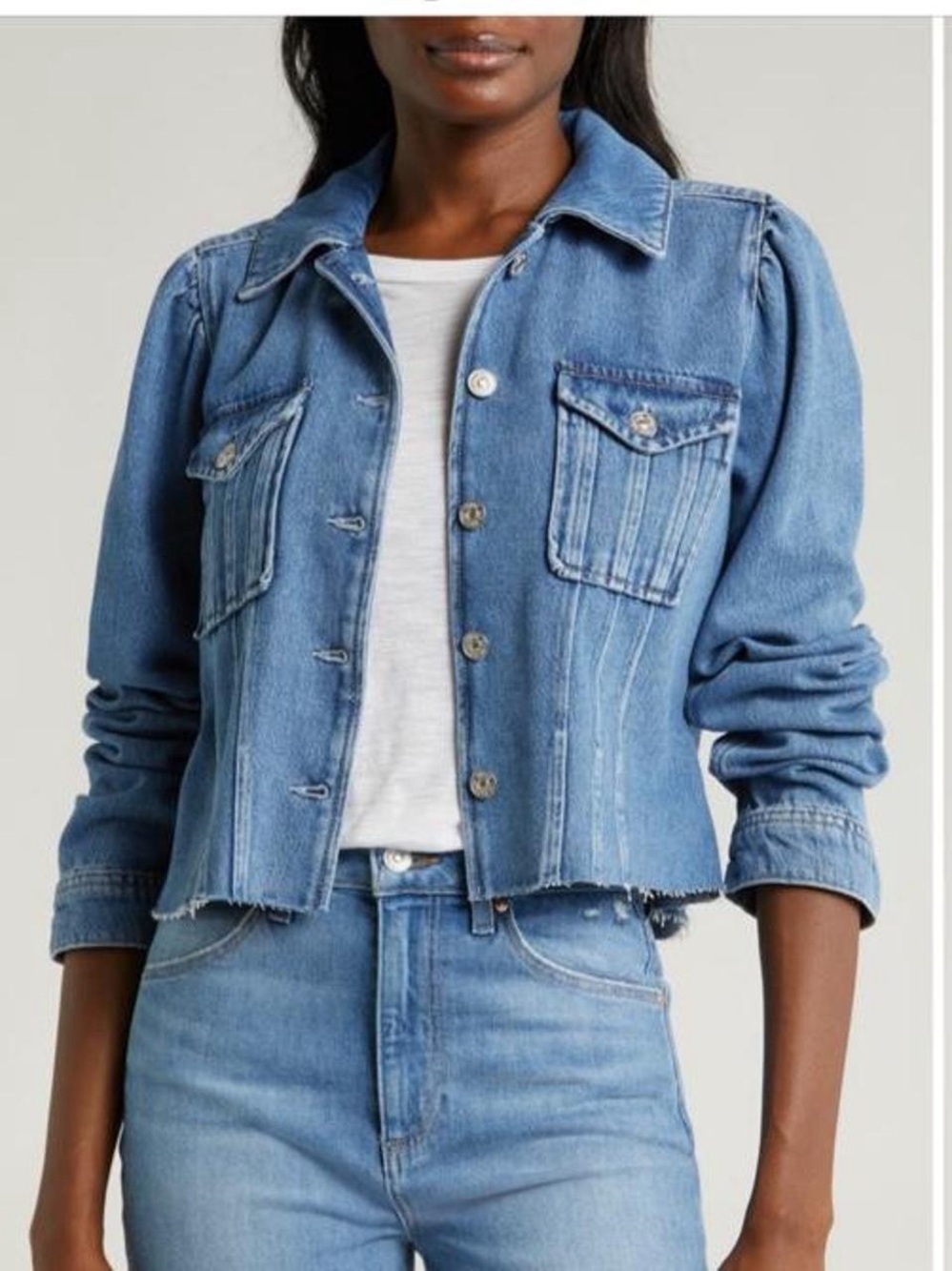 PAIGE Pacey Raw Hem Cropped Denim Jacket in Blue, Size Medium